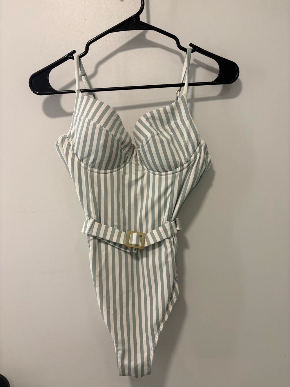 WeWoreWhat Green and White Striped One-Piece Swimsuit with Belt